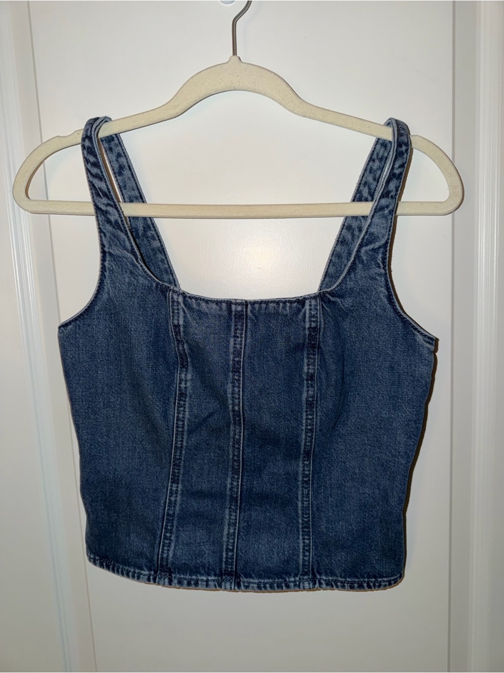 LOFT Women’s Size 0 Blue Denim Corset Tank Top Square Neck Smocked Zip Y2K
